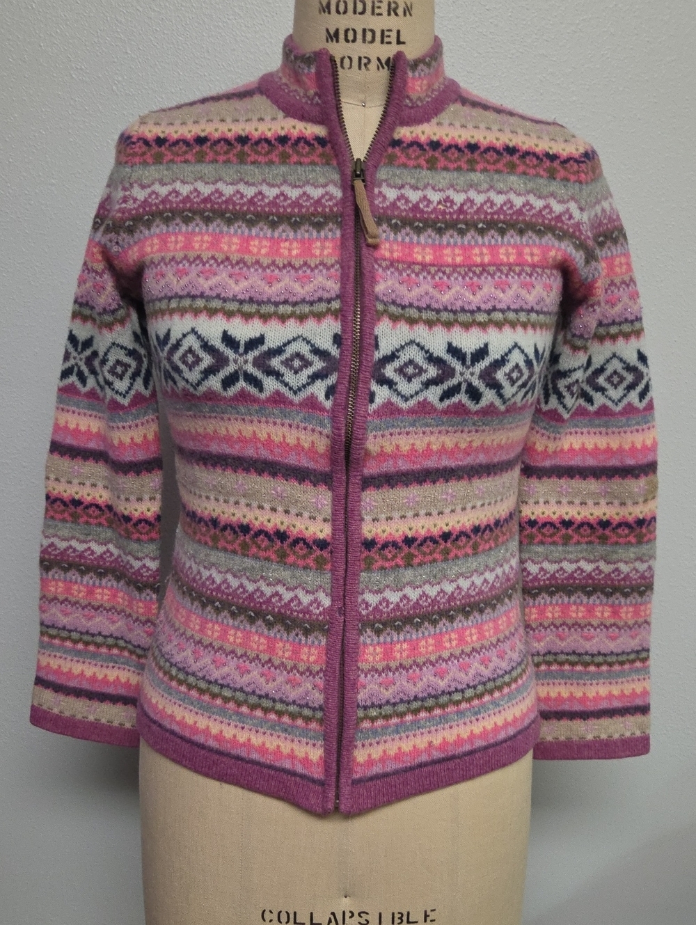 Laura Ashley Pink Multi Fair Isle Zip Cardigan